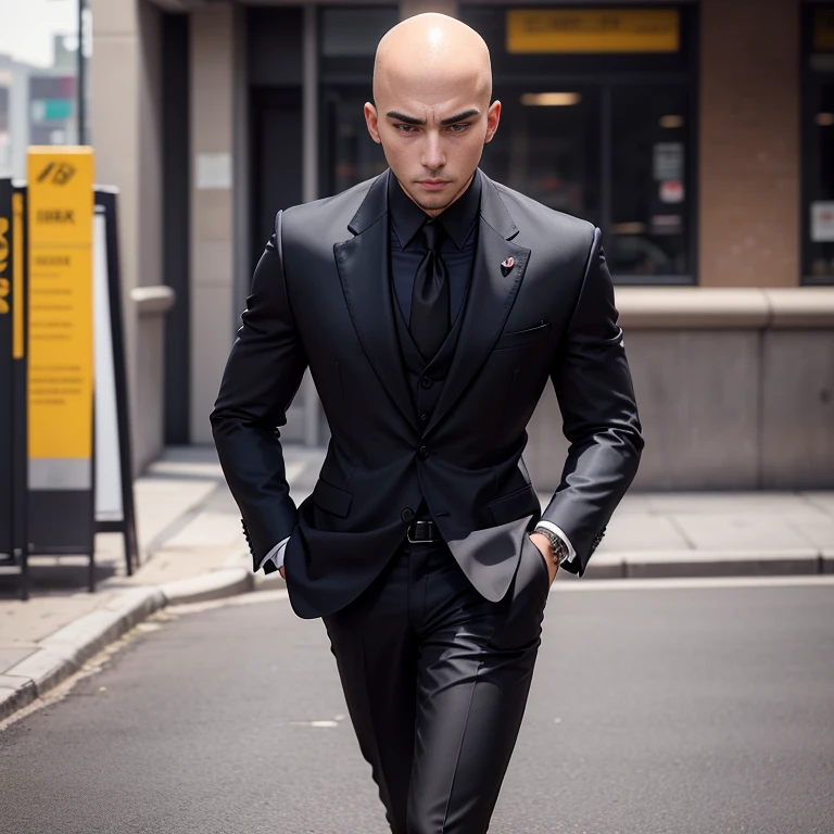 Araaf, 25 years old, bald, wearing a suit. shiny expensive leather Bright, modern colors Wearing a red tie walking down the street Action in various poses;) Outdoors in the city, the sunlight shone brightly, a clear face looking intently straight. Holding a realistic shotgun, man in black, wearing a black suitและสีแดง, Wear a business suitที่เข้มงวด, wearing a black suit, Wear a business suit, wearing a black suit, Wear a business suit, Wear a business suitสีดำ, in strict clothing, Professional photos with good lighting, Handsome Chad Chin, A great and beautiful portrait. Shot with a high quality Fuji 45 camera.,000,000 realistic pixels Beautiful exaggerated colors