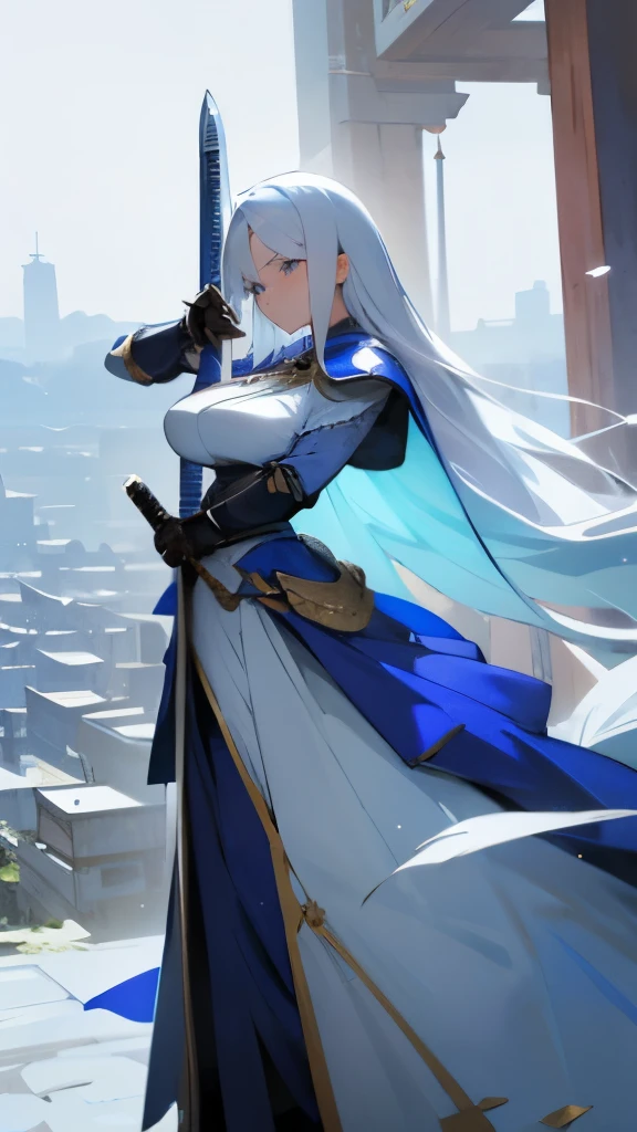 a wide shot of a beautiful western women,with a blue and white armor and dress, she is holding a sword above her head, she has long white hair, medieval japanese city in the background