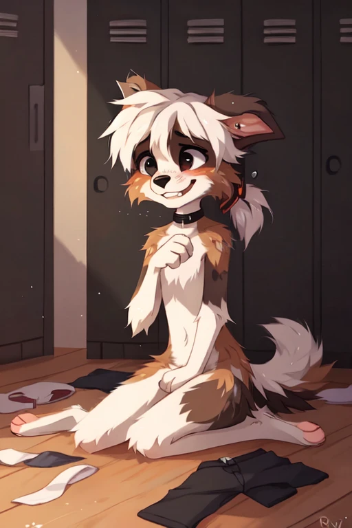 locker room, dark, beautiful illustration, ((by reysi)), Furry, ((Australian Shepard)), (solo), ((slender)), dark fur, white hair, ponytail, ((teen)), ((female)), short, (black mascara, ear ring, tight choker, short tail, embarassed, nervous smile, sad eyes, shaking motion lines), (nude, clothes off, clothes on the floor, laying on back, trying to cover crotch),