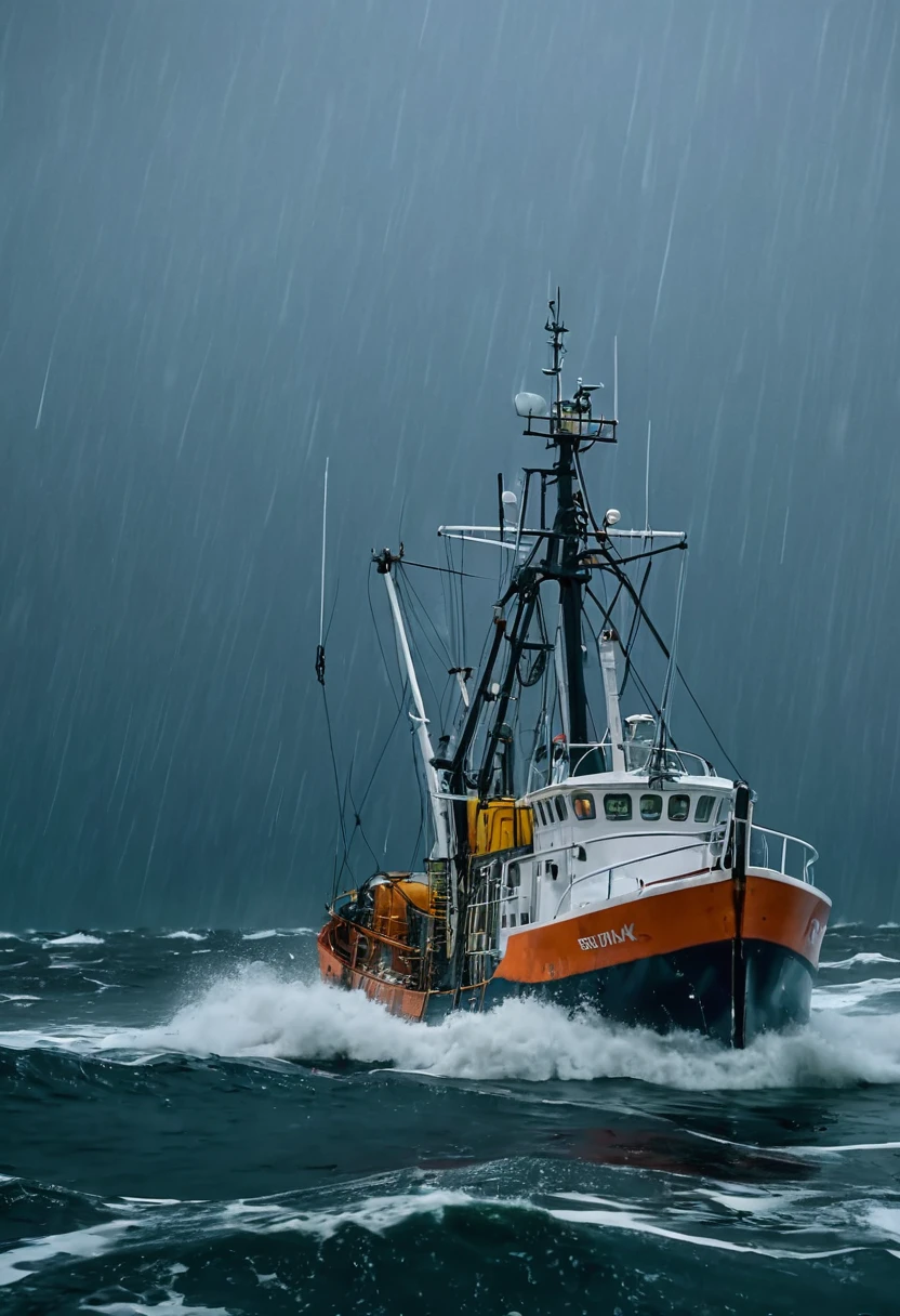 reailistic, 8K at sea fishing trawler at sea stormy, windy, gale's night thunder flash