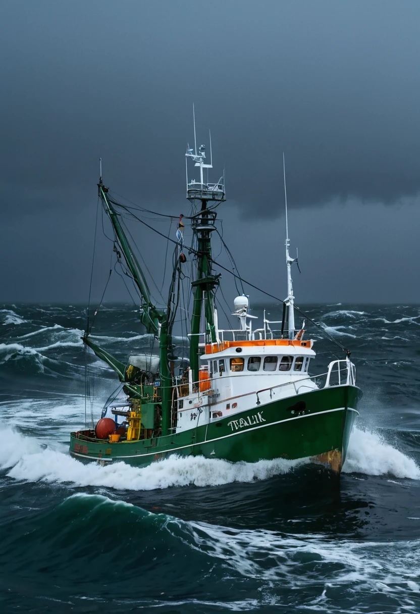reailistic, 8K at sea fishing trawler at sea stormy, windy, gale's night thunder flash