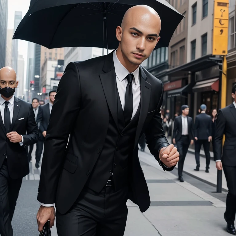 Araaf, 25 years old, bald, wearing a suit. shiny expensive leather Bright, modern colors Wearing a red tie walking down the street Action in various poses;) Outdoors in the city, the sunlight shone brightly, a clear face looking intently straight. , man in black, wearing a black suitและสีแดง, Wear a business suitที่เข้มงวด, wearing a black suit, Wear a business suit, wearing a black suit, Wear a business suit, Wear a business suitสีดำ, in strict clothing, Professional photos with good lighting, Handsome Chad Chin, A great and beautiful portrait. Shot with a high quality Fuji 45 camera.,000,000 realistic pixels Beautiful exaggerated colors