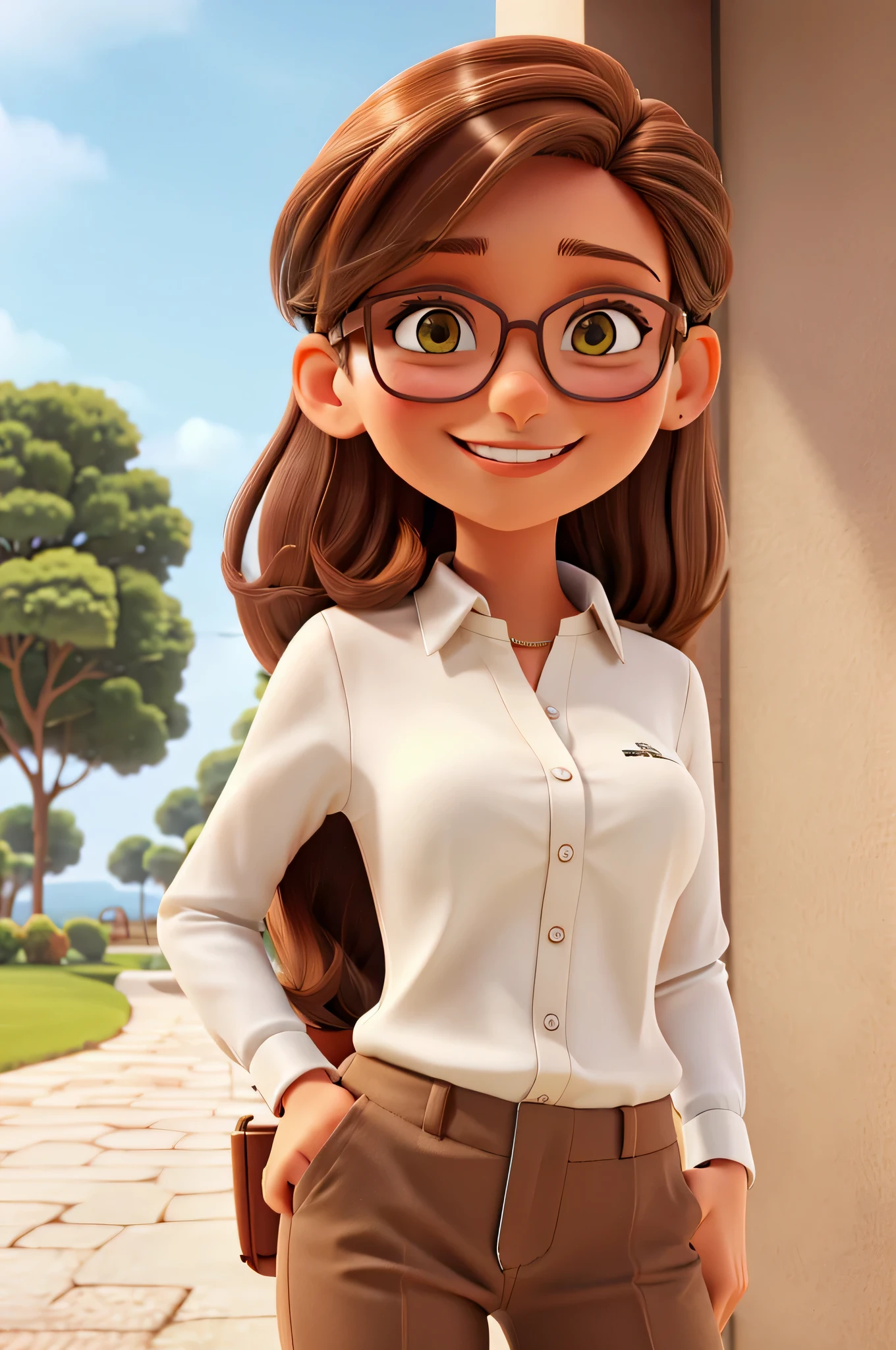 beautiful female, beautiful brown hairs, wearing trouser of archid colour and shirt white colour, wearing sun glasses, laptop in hand, looking front, big smile on face.