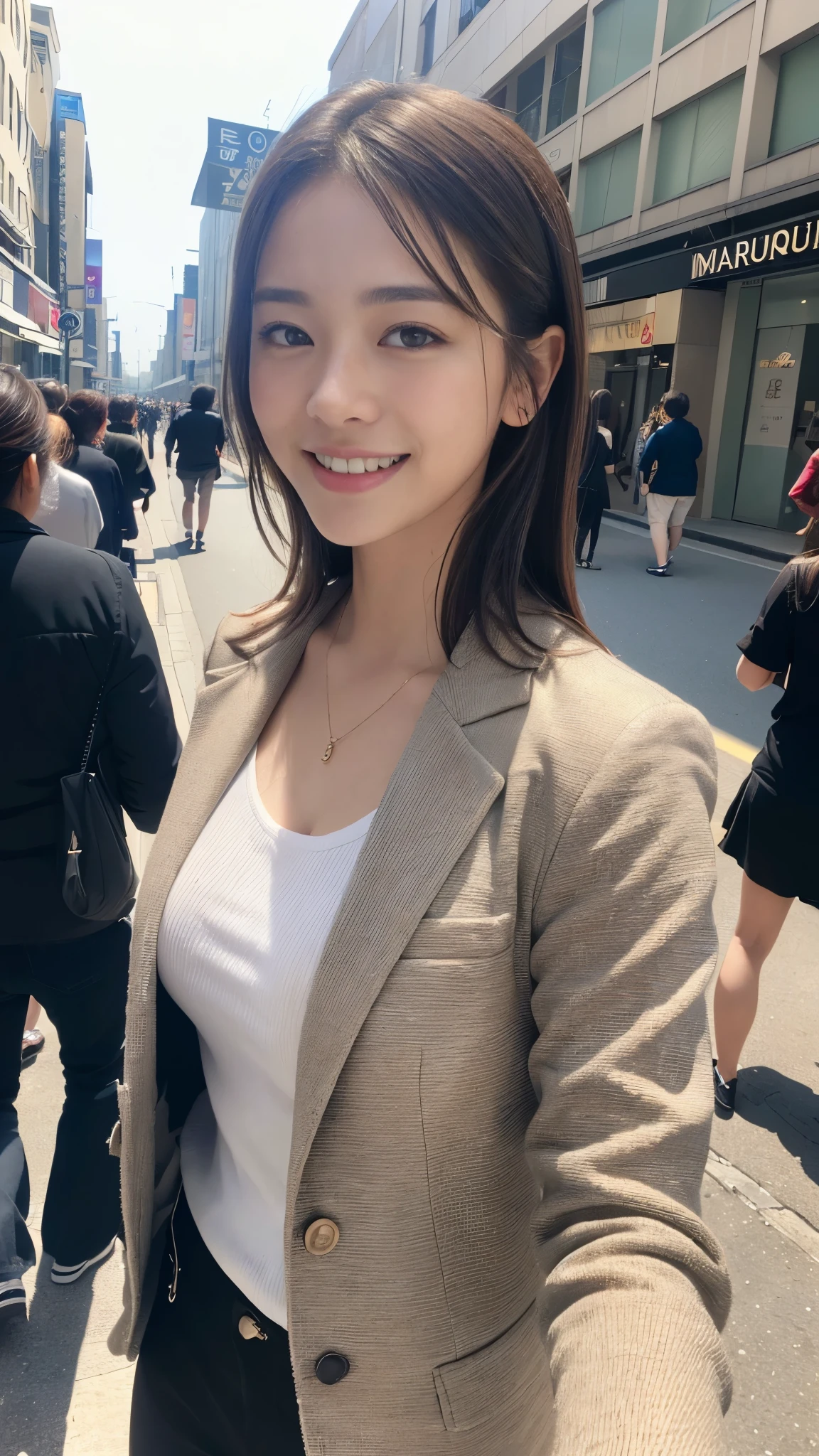 (Ultra high definition)(masterpiece)(textured skin)(very detailed)(high quality)(最high quality)(first person perspective) (16k )(dramatic angle),upper body,smile,officeladyclothe,Stroll around the streets of Marunouchi