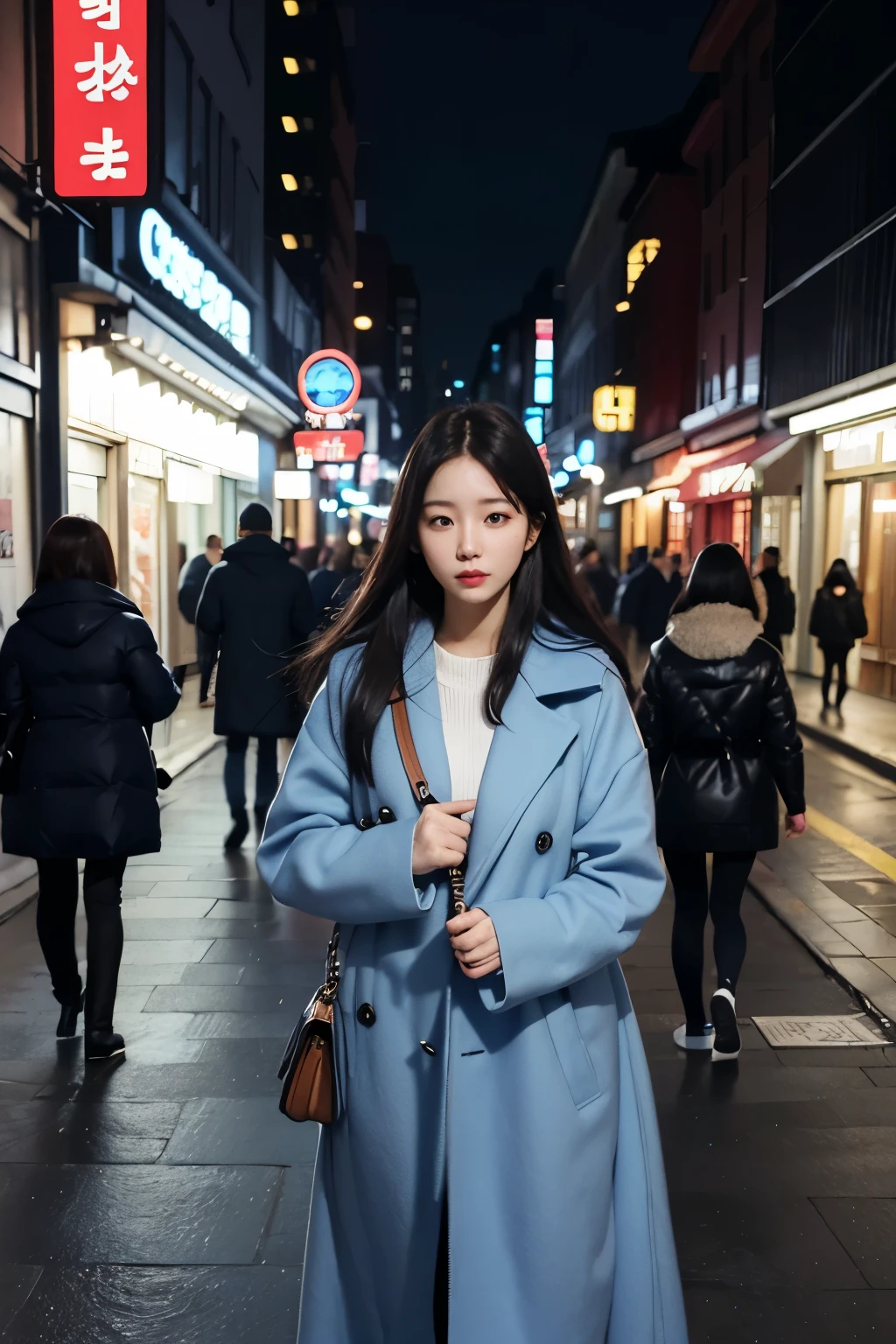 (realistic、highest resolution:1.3)、A woman in a blue coat is walking down the street, 1 Korean beauty, different actions, clothes:random color,