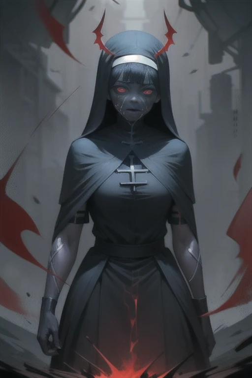 Hell life, Young demon Nun, blood red tears, Dark attire, grey skin,
