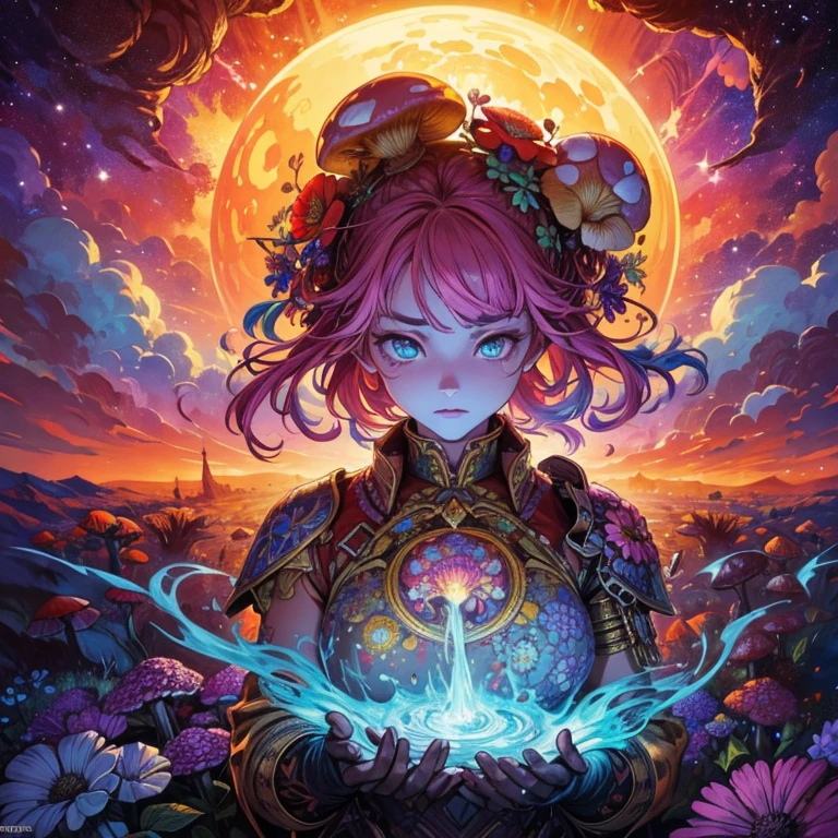 cinematic lighting, wide shot, high details, masterpiece, super detailed, lots of mushrooms and flowers, very colorfull, strong colours, flower power, chaotic, asymetrical, prominent sky of large planets and stars, in the center all the elements form a skull, eyes and limbs out of mushrooms and flowers are floating around, capture the feeling of being a psychonaut, feeling of psychedelic adventure, person melting in to surroundings combing with the elements into a stream of consciousness