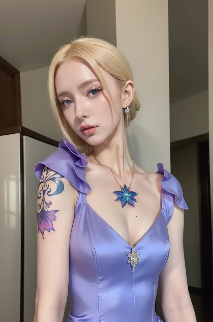 arafed woman with a tattoo on her chest and a purple dress, scales on her chest, amouranth, better known as amouranth, blonde girl in a cosmic dress, young beautiful amouranth, blue scales covering her chest, scales covering her chest, yelena belova, anna nikonova aka newmilky, with tattoos, shoulder tattoo, brilliantly colored, realistic, real, russian girl