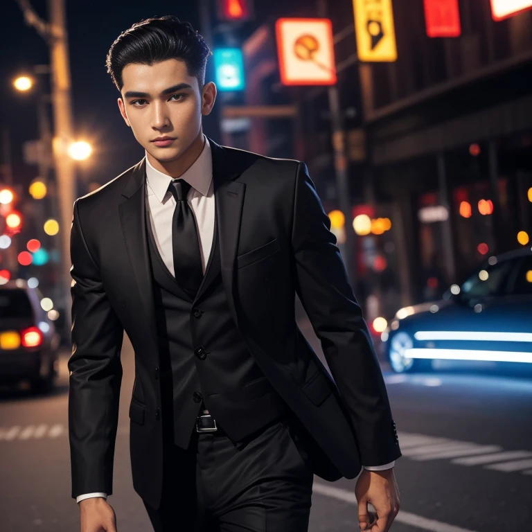 Araaf, 25 years old, bald, wearing a suit. Expensive leather, shiny, colorful, fashionable. Wearing a red tie walking down the street At night, colorful glittering lights Action in various poses;) Outdoors in the city, the sunlight shone brightly, a clear face looking intently straight. , man in black, wearing a black suitและสีแดง, Wear a business suitที่เข้มงวด, wearing a black suit, Wear a business suit, wearing a black suit, Wear a business suit, Wear a business suitสีดำ, in strict clothing, Professional photos with good lighting, Handsome Chad Chin, A great and beautiful portrait. Shot with a high quality Fuji 45 camera.,000,000 realistic pixels Beautiful exaggerated colors