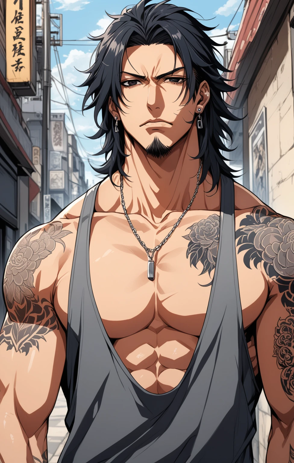 (masterpiece, best quality:1.2), ((1man)), solo, (black hair), (long hair), ((messy hair)), ((black eyes)), (handsome male), (perfect face), (very detailed), arrogant, broad shoulders, ((lean)), tall, thick neck, rugged, close-up face, gangster, ((tattoos)), ((piercings)), angry, pixiv illustration, anime style, slit-eyes, on the street, muscular chest