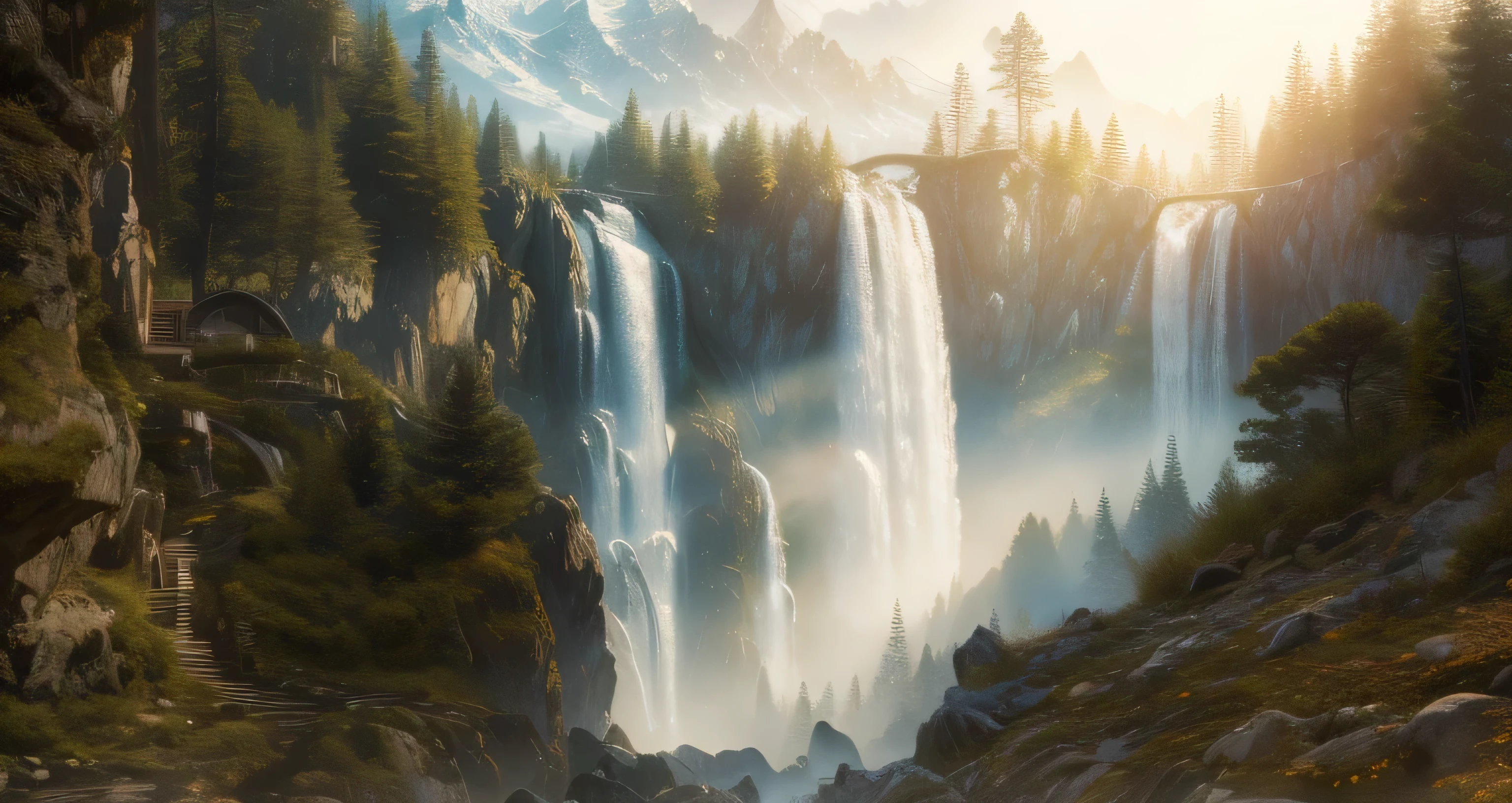 (masterpiece:1.2), (best quality,:1.2), 8k, HDR, ultra detailed, ((photorealistic)), professional light, cinematic lighting, fashion photography, ambient lighting, atmospheric effects, waterfall, cliff, ((perfect hands)), epiCPhoto, valley, high mountains, river, forest, many trees,