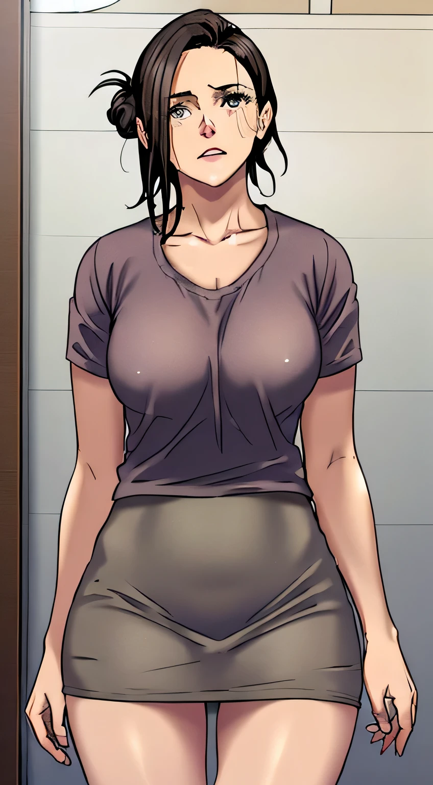 , short brown hair in two buns, ojos grises, sonrisa, vestido chino ajustado gris, patrones de oro, sin mangas, bermudas, pantimedias, pechos grandes, control de la aguja, obra maestra, alta calidad, 4k, High Definition, Buen detalle