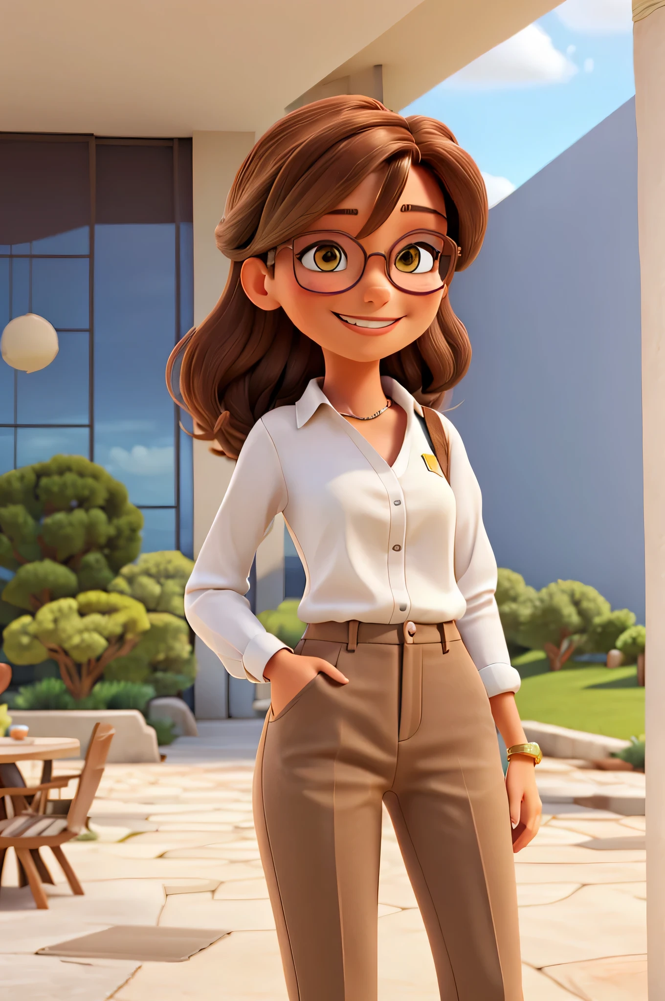 beautiful female, beautiful brown hairs, Wearing Half Trouser of archid colour and Shirt white colour, wearing sun glasses, Laptop in Hand, looking front, big smile on face.
