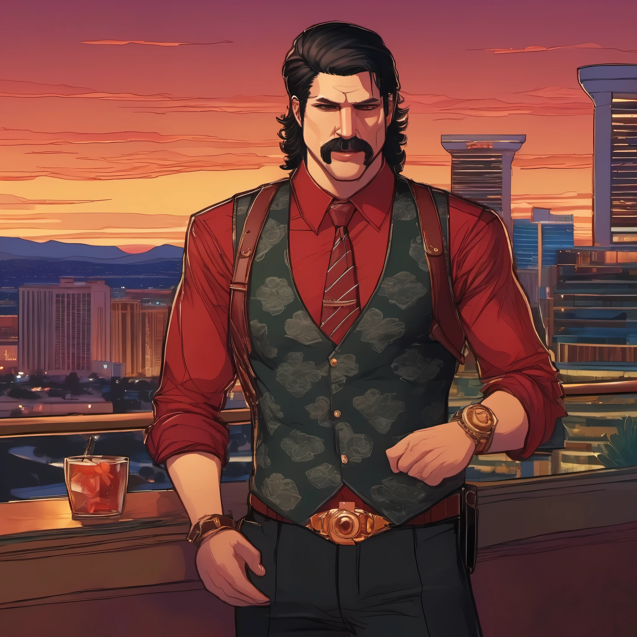 (obra maestra, Mejor calidad:1.2), 1 chico, thenahualli, serious, dangerous man, elegant, elegante, black vest, red shirt, standing, bodyguard of a long brown haired girl, bodyguard of a brunette girl with long hair, 1 girl, en terraza de hotel en Las Vegas, luxurious aambience , on a hotel terrace in Las Vegas, at night, de noche