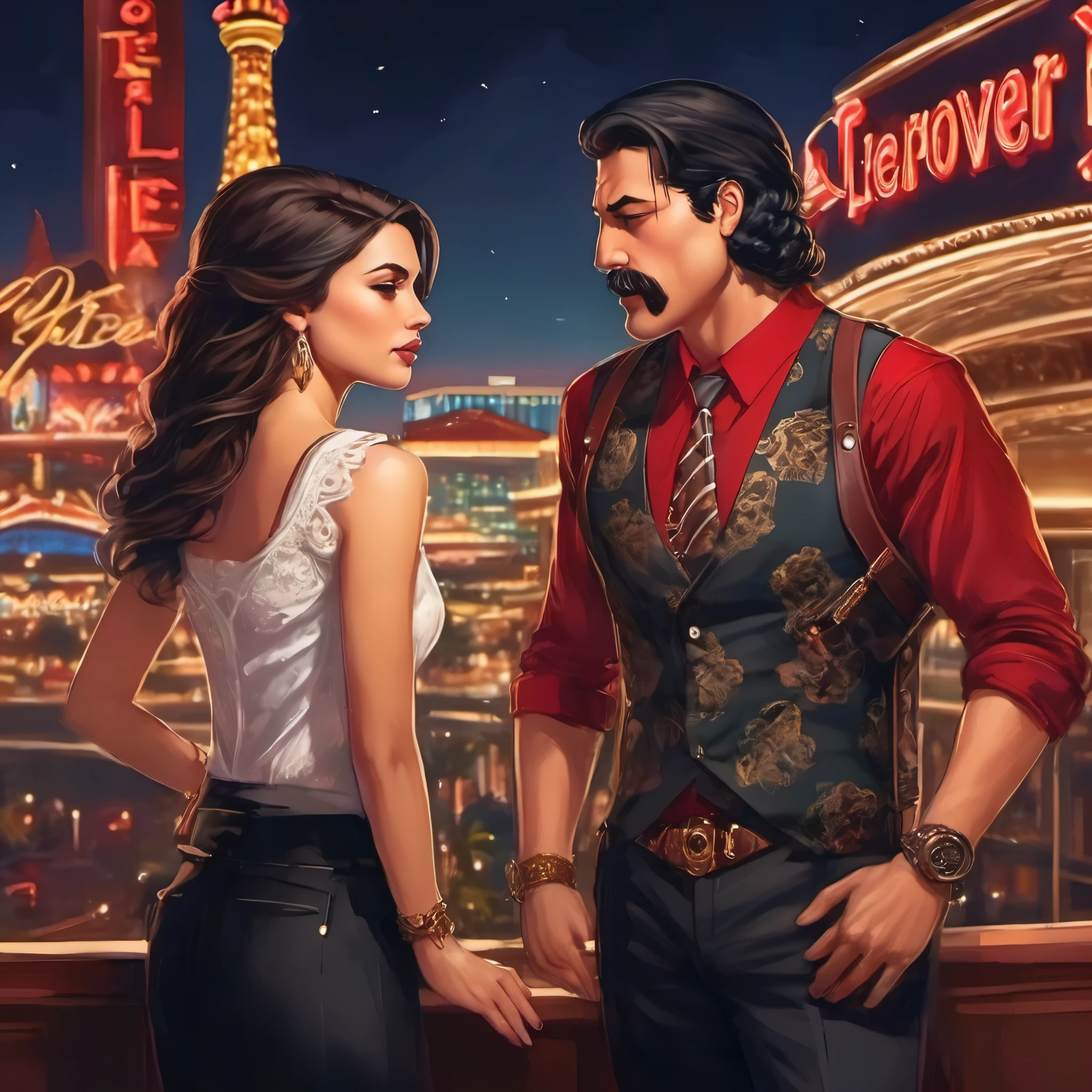 (obra maestra, Mejor calidad:1.2), 1 chico, thenahualli, serious, dangerous man, elegant, elegante, black vest, red shirt, standing, bodyguard of a long brown haired girl, bodyguard of a brunette girl with long hair, 1 girl, en terraza de hotel en Las Vegas, luxurious aambience , on a hotel terrace in Las Vegas, at night, de noche