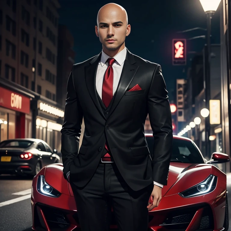 Araaf, 25 years old, bald, wearing a suit. Expensive leather, brightly colored, trendy, wearing a red tie, strutting next to a shiny red Ferrari. At night, colorful glittering lights Action in various poses;) Outdoors in the city, the sunlight shone brightly, a clear face looking intently straight. , man in black, wearing a black suitและสีแดง, Wear a business suitที่เข้มงวด, wearing a black suit, Wear a business suit, wearing a black suit, Wear a business suit, Wear a business suitสีดำ, in strict clothing, Professional photos with good lighting, Handsome Chad Chin, A great and beautiful portrait. Shot with a high quality Fuji 45 camera.,000,000 realistic pixels Beautiful exaggerated colors