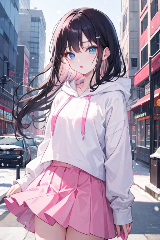 Yo Korean girl long dark hair with light snow-colored skin, sky blue eyes, pink lips, beautiful body, white hoodie, pink skirt, city background