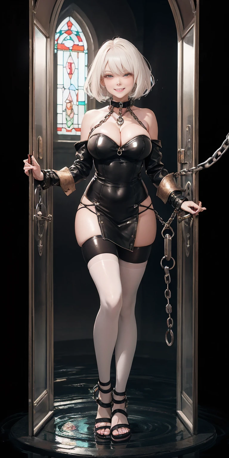 dark fantasy anime illustration of a (mature MILF BIMBO albino skin and short white hair), (FULL BODY) perfect face, wearing tight leather stealth armor, stalking, BIG KNOCKERS CLEAVAGE, lustful smirking smile red blush red cheeks, chain leash, kneeling, shackles, leather black collar slave, ((BLACK background)) WITH KNOCKERS on glass, glass window fog water drop, hands behind body, metal handcuffs, black choker collar, thigh highs, long legs, metal ankle, metal sandals, metal shoulders, standing straight symmetrical against glass