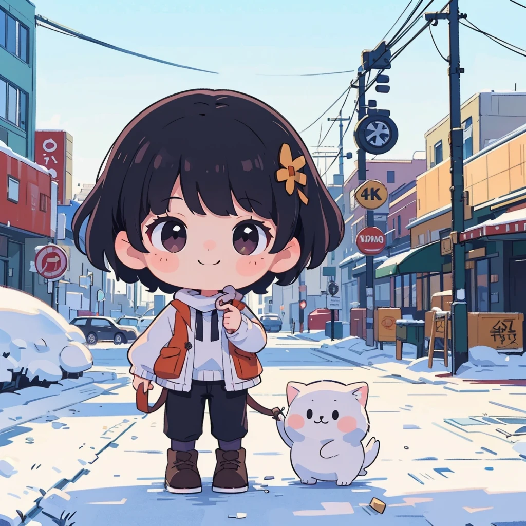 (best quality,4k,highres,masterpiece:1.2),ultra-detailed,realistic,cowgirl,smiling,girl with black hair,observing the audience,winter,downtown.