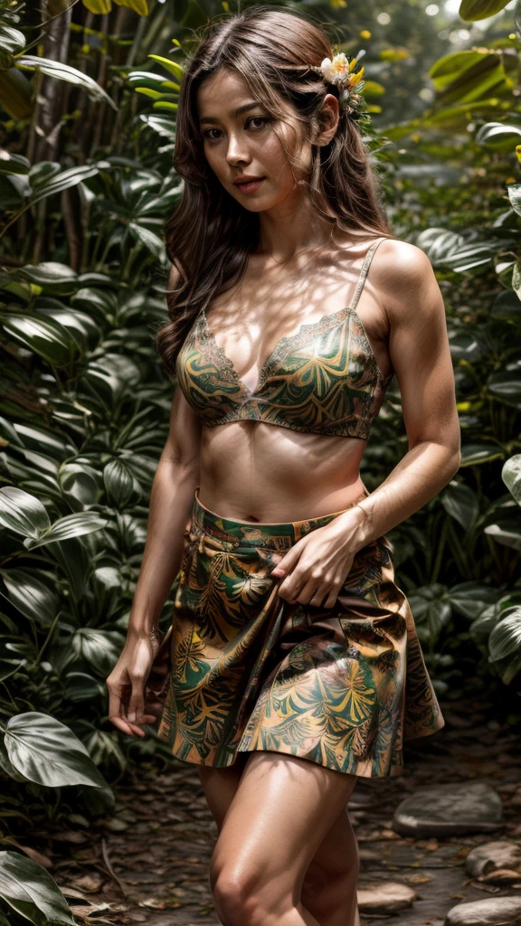 (((jungle background))),1girl,solo,long hair,looking at viewer,blush,skirt,blonde hair,hair ornament,gold eyes,navel,bare shoulders,standing,very long hair,closed mouth,collarbone,flower,thighs,pleated skirt,Large breasts,outdoors,day,hair flower,miniskirt,water,stomach,bra,bare arms,plant,white flower,red flower,lace trim,white bra,brown skirt,no shirt,midriff,Pretending to be a monkey