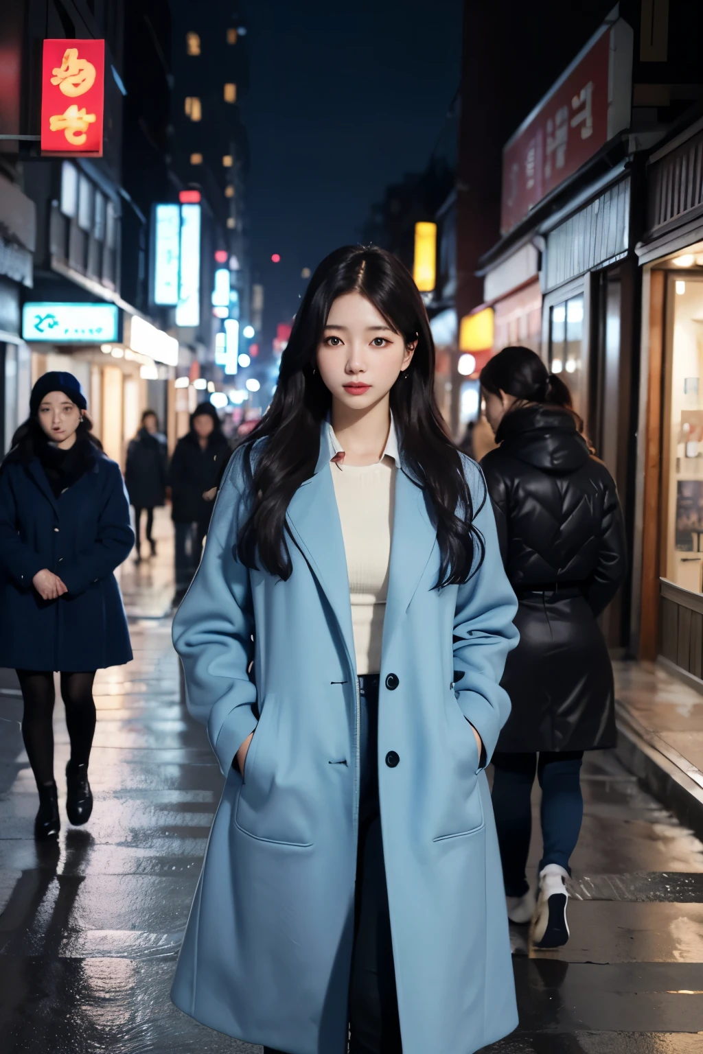 (realistic、highest resolution:1.3)、Delicate facial expression, A woman in a blue coat is walking down the street, 1 Korean beauty, different actions, clothes:random color,