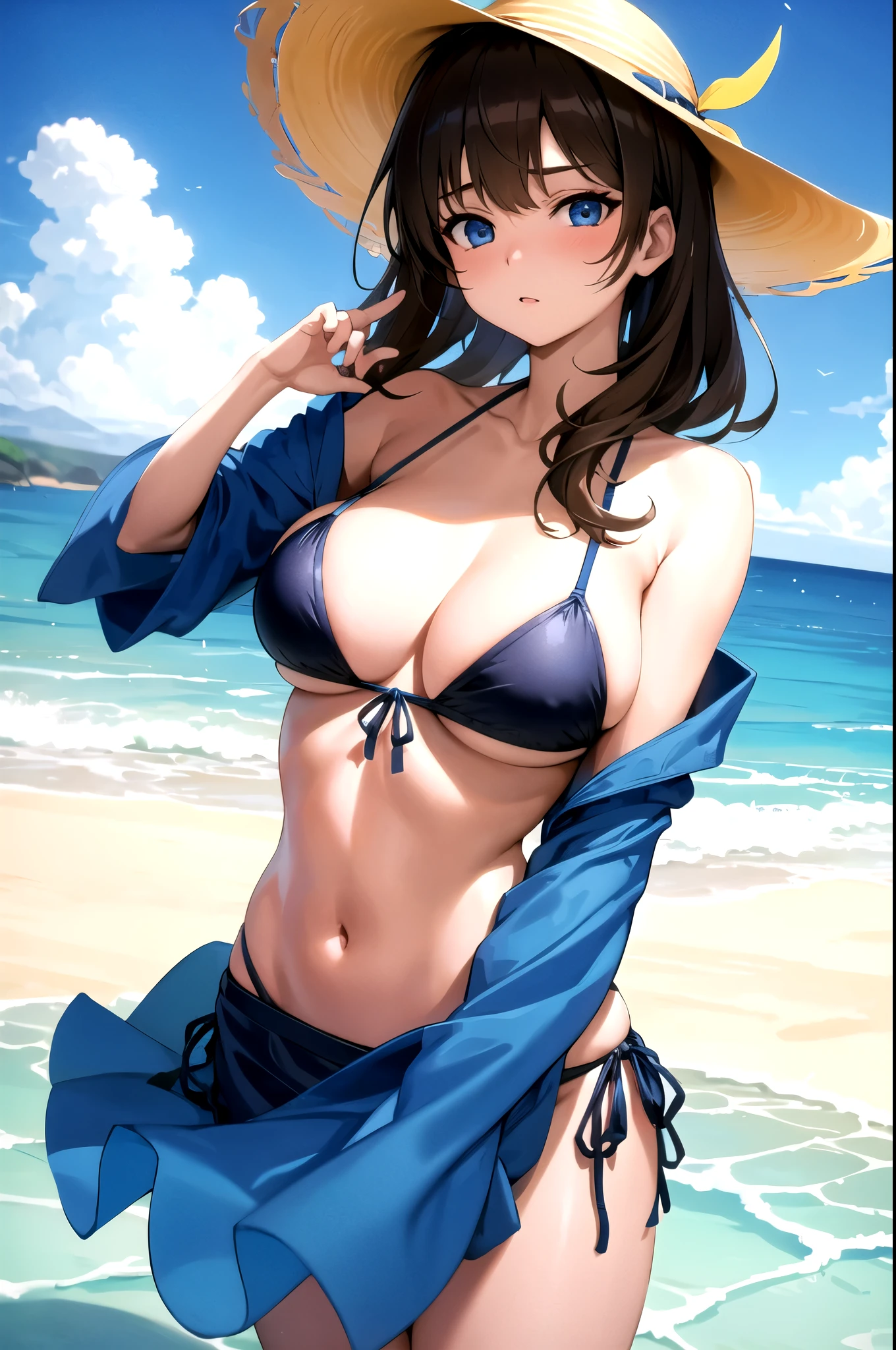 one girl, with brown hair, big blue eyes, large breasts, in a bright blue long-sleeve bikini, with beach skirt wrap, with a sun hat,