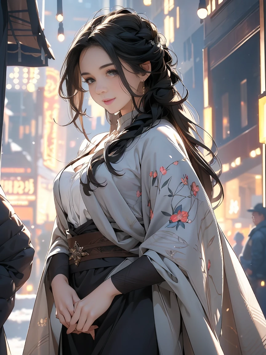 An ultra-detailed, realistic cowgirl with black hair is smiling and observing the audience in a downtown winter scene. The image has the best quality, 4k resolution, high resolution, and is a masterpiece (with a strength of 1.2). The scene captures the essence of winter in the downtown area. The cowgirl is dressed in Western attire and exudes confidence and charm. The lighting highlights her features, emphasizing the details of her face and the shine in her expressive eyes. The winter setting adds a touch of coldness to the air, with snow falling gently and accumulating on the ground, creating a serene and magical ambiance. The cowgirl's hair, styled beautifully, complements the overall composition of the image. The surrounding buildings and urban environment add depth and context to the scene, creating a lively atmosphere. The colors are vibrant and dynamic, with a cool color tone to enhance the winter setting. The image is captured with professional precision, sharp focus, and vivid colors, showcasing the utmost level of craftsmanship and artistry.