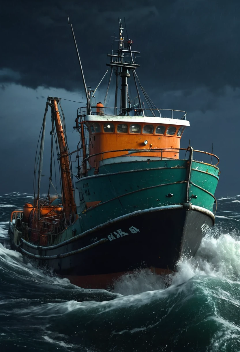 realistic, 8K at sea a trawler in rough sea Popeye and olive stormy, gales, windy at night thunder flashes