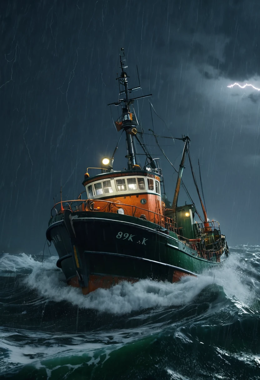 realistic, 8K at sea a trawler in rough sea Popeye and olive stormy, gales, windy at night thunder flashes