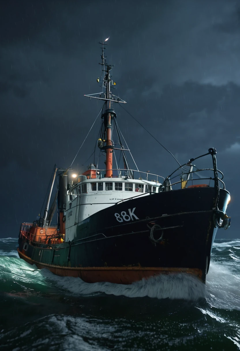 realistic, 8K at sea a trawler in rough sea Popeye and olive stormy, gales, windy at night thunder flashes