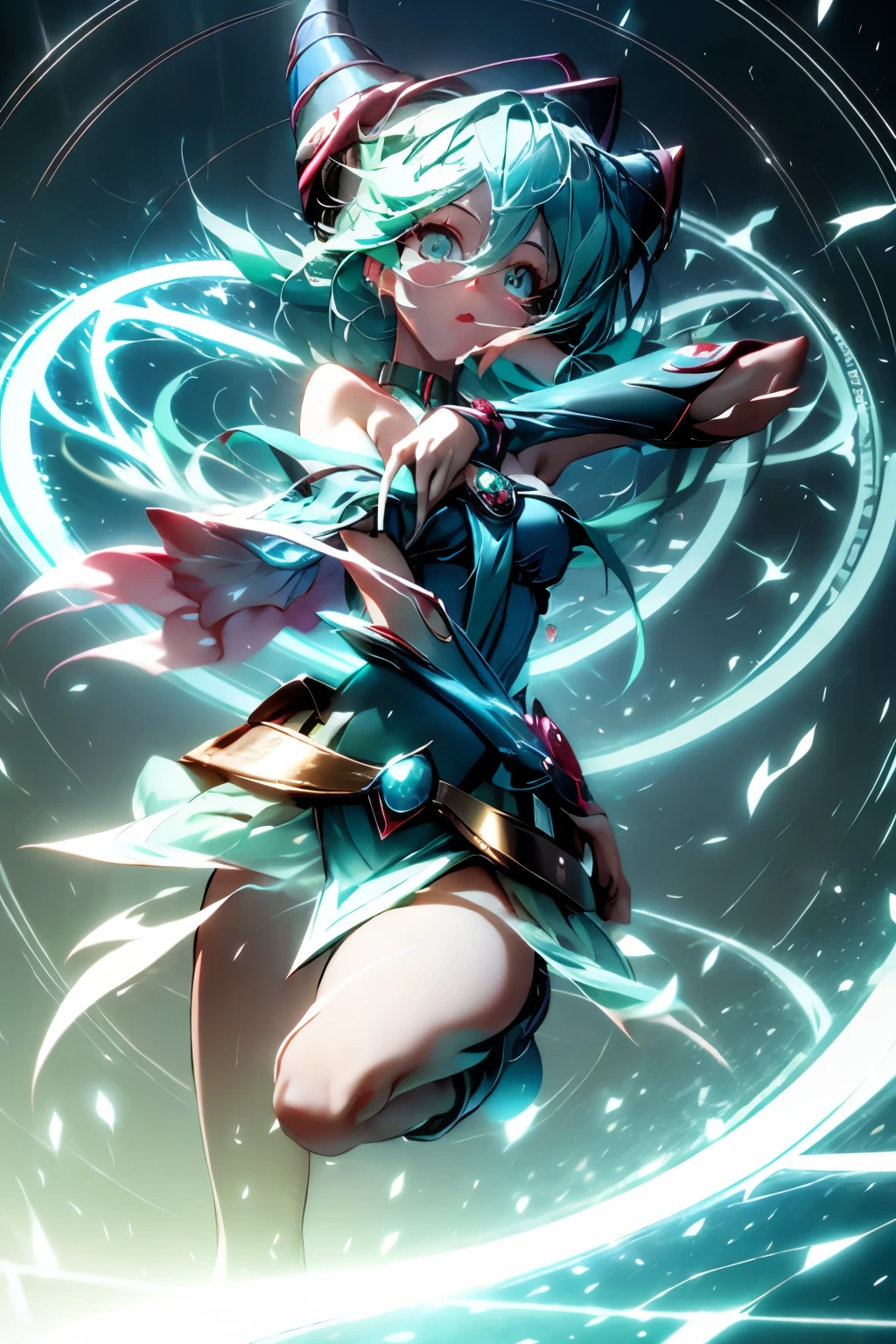 Hatsune Miku disfrazada de dark magician gils. Cabello celeste extra largo. Ojos verdes. Magic Circle Fund. 