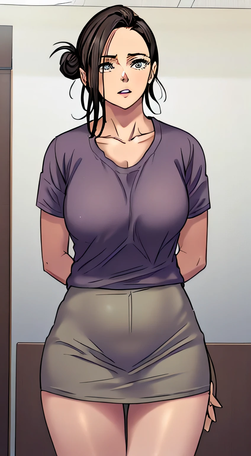 , short brown hair in two buns, ojos grises, sonrisa, vestido chino ajustado gris, patrones de oro, sin mangas, bermudas, pantimedias, pechos grandes, control de la aguja, obra maestra, alta calidad, 4k, High Definition, Buen detalle, NSFW 