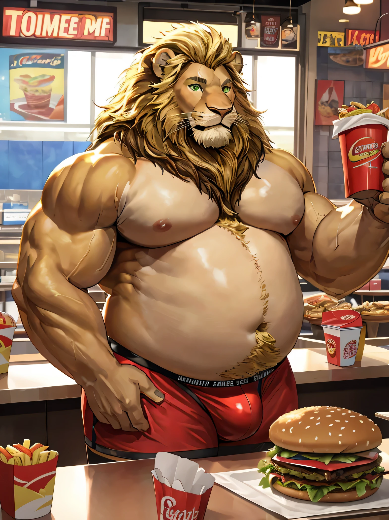 (best quality,4k,highres),realistic,portrait,lion,male,big blonde mane,blond chin,green eyes,not muscular,plump body,round belly,obese,tight and form-fitting underwear,bare chest,in a fast food restaurant with a hamburger