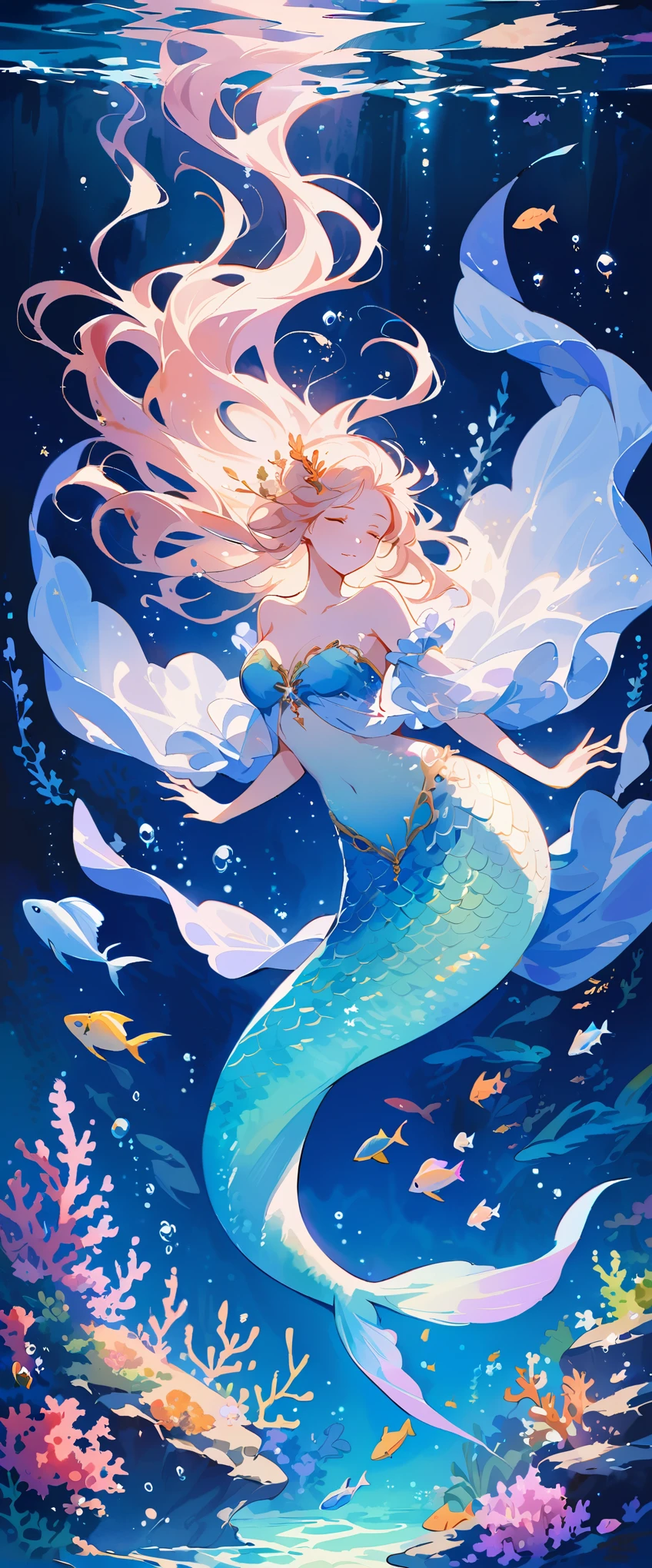 mermaid,underwater,fantasy,ethereal,mythical creature,watercolor painting,floating hair,scales,seashells,coral reef,seaweed,long tail,sparkling,glowing,pearlescent,deep-sea,serene,peaceful,blue tones,soft lighting,graceful,beauty,translucent,marine life,mesmerizing,enchanted,magical,mysterious,secrets,depths of the ocean,dreamlike,underwater kingdom,serenity,swimming,gentle,delicate,quiet,sea creatures,shimmering,splendor,endless sea,pure.