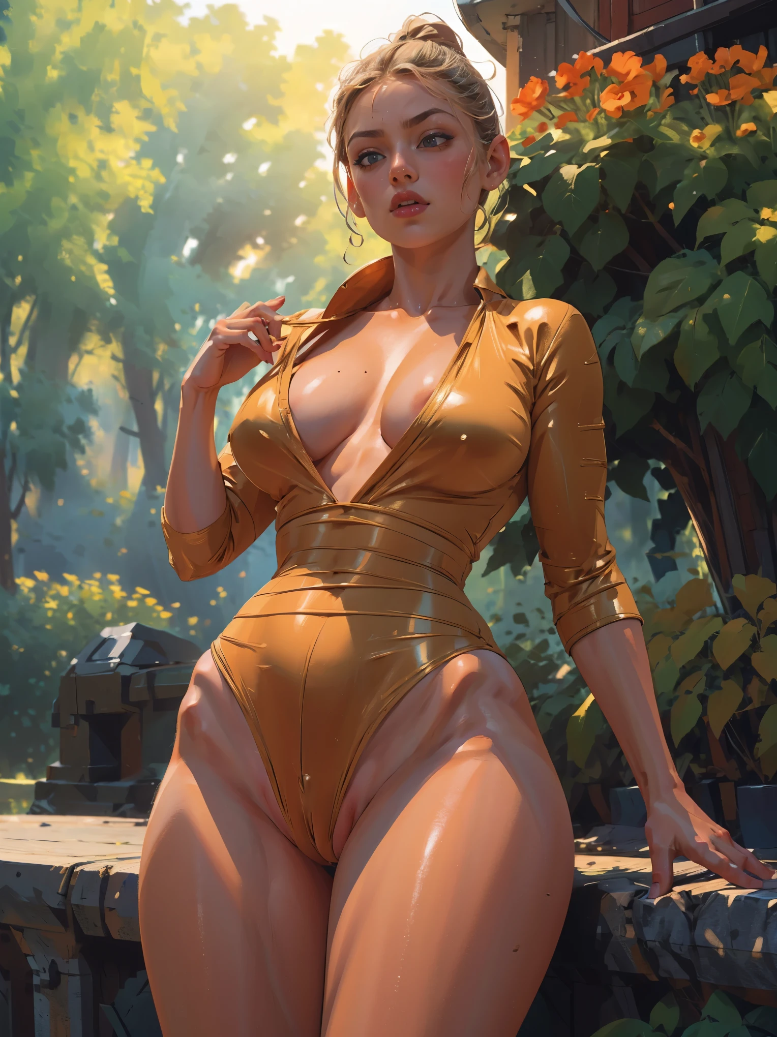 (best quality, highres, ultra-detailed:1.2), extreme close-up view, detailed skin texture, large canvas, blurry, True physiological structure, female, open thighs, chest exposed, no pants, without any trousers, no pants, skin-tight, no clothing, explicit anatomical details