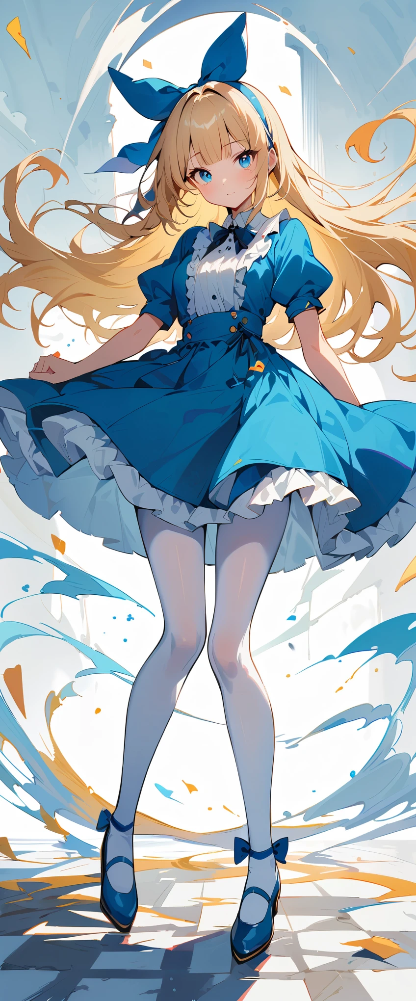 {{masterpiece}},{best quality},{the alice in wonderland},{solo},1girl,{stading},{full body},{{delicate face}},white hair bow,blonde_hair,vely long hair,blunt_bangs,floating hair,{looking_at_viewer},blue eyes,beautiful detailed eyes,{white_frilled_dress},{{white pantyhose}}, puffy sleeves,skirt pleats,blue dress bow,{{rose}},delicate details,