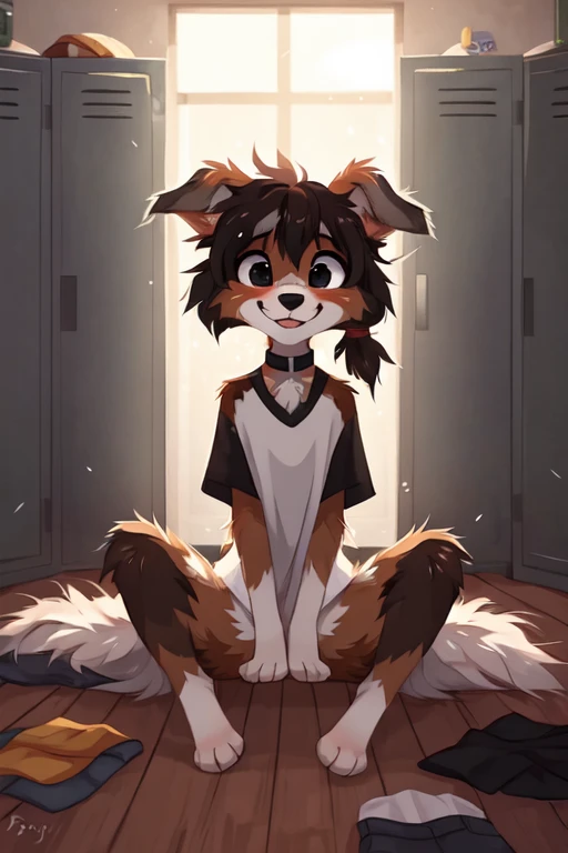 Dorm room, dark, beautiful illustration, ((by reysi)), Furry, ((Australian Shepard)), (solo), ((slender)), dark fur, white hair, ponytail, ((teen)), ((female)), short, small breasts, (black mascara, ear ring, tight choker, short tail, embarassed, nervous, smile, shaking motion lines), ((sad eyes)), (nude, clothes on floor, trying to cover crotch),