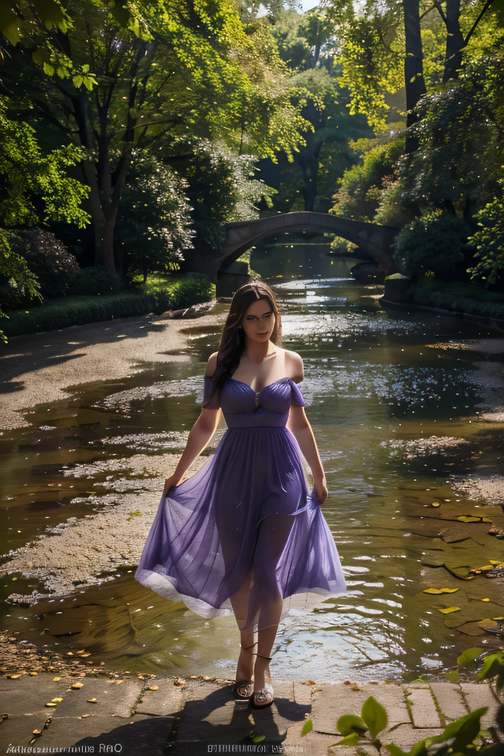 Best quallity,Brunette busty girl, transparent magic violet dress gown, tranquil garden, flowing water, falling leaves, majestic trees, shimmering dragon scales, (best quality,4k,8k,highres,masterpiece:1.2), ultra-detailed, (realistic,photorealistic,photo-realistic:1.37), soft color palette, gentle lighting.,,photo from top,photo from bird view,she Laing covered by leaves,european woman type,europe woman,violet dress with light going true dress
