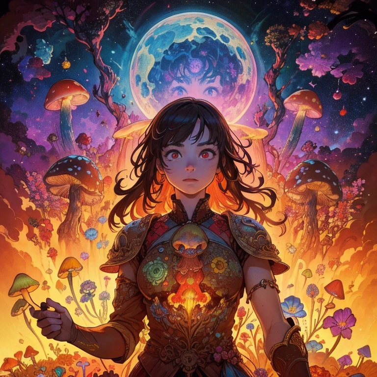 cinematic lighting, wide shot, high details, masterpiece, super detailed, lots of mushrooms and flowers, very colorfull, strong colours, flower power, chaotic, asymetrical, prominent sky of large planets and stars, in the center all the elements form a skull, eyes and limbs out of mushrooms and flowers are floating around, capture the feeling of being a psychonaut, feeling of psychedelic adventure, person melting in to surroundings combing with the elements into a stream of consciousness