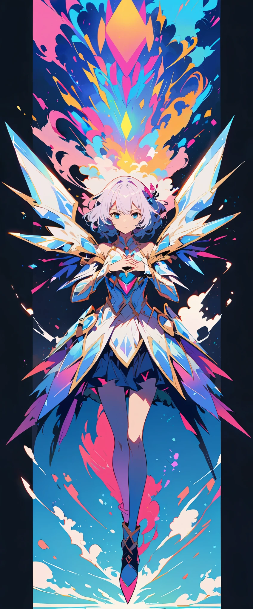 A full body shot of Miku Gakion with her hair in an elegant white hairstyle, she is floating above the ground and wearing crystal armor in the style of Yoji Shinkawa, background with fractals and clouds.