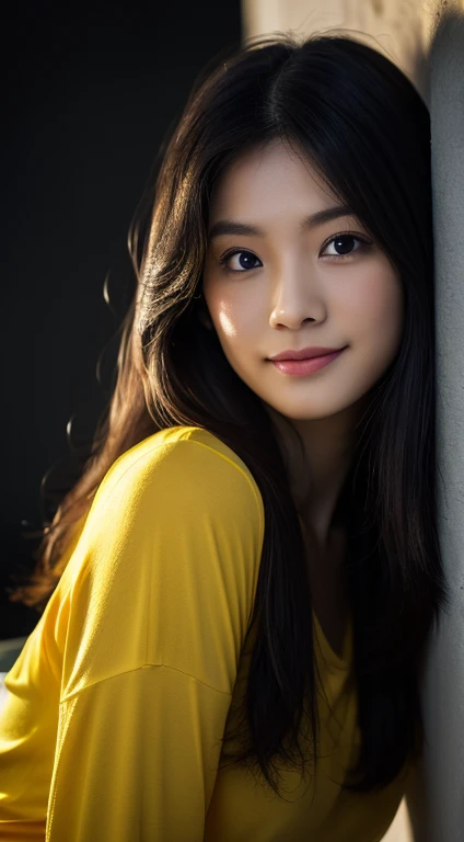 highest quality, epic realistic, ((in the pitch black darkness :1.4)), ((portrait:1.5)),(background: dark ) high contrast ,glorious picture, lowest lux, lighting face, she's comfortable, wearing nothing, looks incredible, (8k, Raw photo, Highest quality),(epic realistic:1.5), a woman, face,(detailed eyes:0.8),(looking at the camera:1.4), (Highest quality), ( high contrast, deep shadows),Intricate details,cinematic,((skin:1.4)), (long dark hair:1.3), long hair, messy ,(Hdr:1.5),Detailed, colors, Superior quality, Masterpiece, Raw Photo (20-year-old, looking at viewer), beautiful, (wearing plain yellow shirt,), perfect, natural, perfect composition, portrait, perfect face, smiling expression, Captivating eyes, Bright details, Tight lips, (High Skin Detail),, (blue tint: 0.6), (sale: 0.8), (bloody: 0.7), Key lighting , (backlight: 0.5), Medium depth of field, Canon 5d, 50mm lens, f/4 apertures, (Ultra-detailed, Complex detail), sharp focus, soft colors, 8k, Absurd, 80mm, dark background, photography, smiling,medium ,