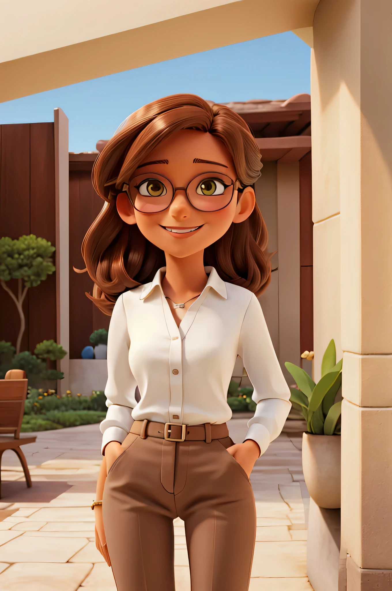 beautiful female, beautiful brown hairs, Wearing Half Trouser of archid colour and Shirt white colour, wearing sun glasses, "Laptop in Hand", looking front, big smile on face.