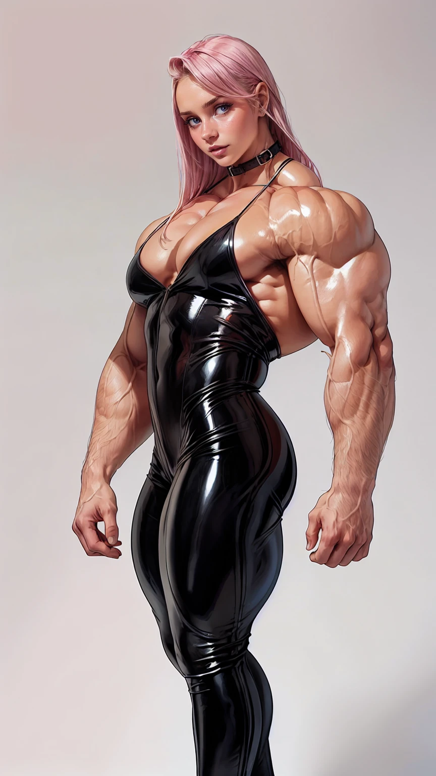 (1 girl:1.25), (cara delevingne:1.25), young girl, masculine physique, girl face, seductive face, seductive look, long pink hair, perfect muscular body, fit body, super skinny legs, ,tight latex pants, , femboy, (huge muscular arms:1.25)