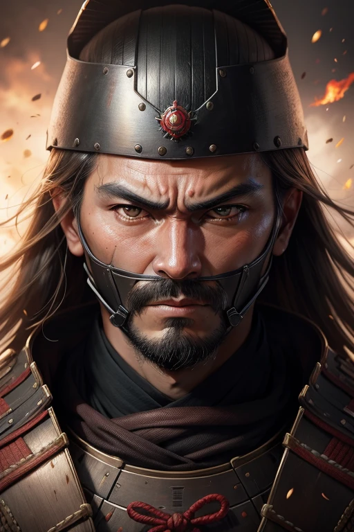Retrato realista em close-up ultra HD,A samurai wearing a war mask, rugas ,Facial expressions show strong emotions