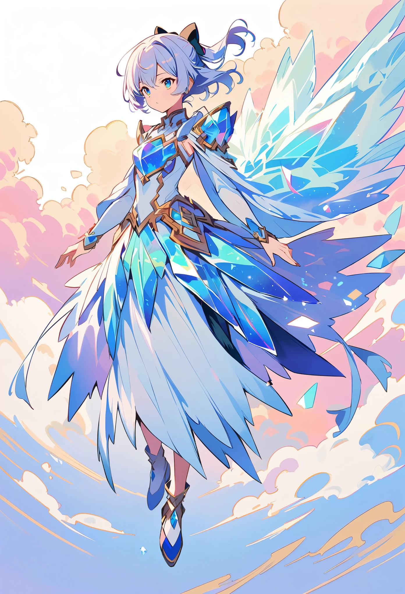 A full body shot of Miku Gakion with her hair in an elegant white hairstyle, she is floating above the ground and wearing crystal armor in the style of Yoji Shinkawa, background with fractals and clouds.
