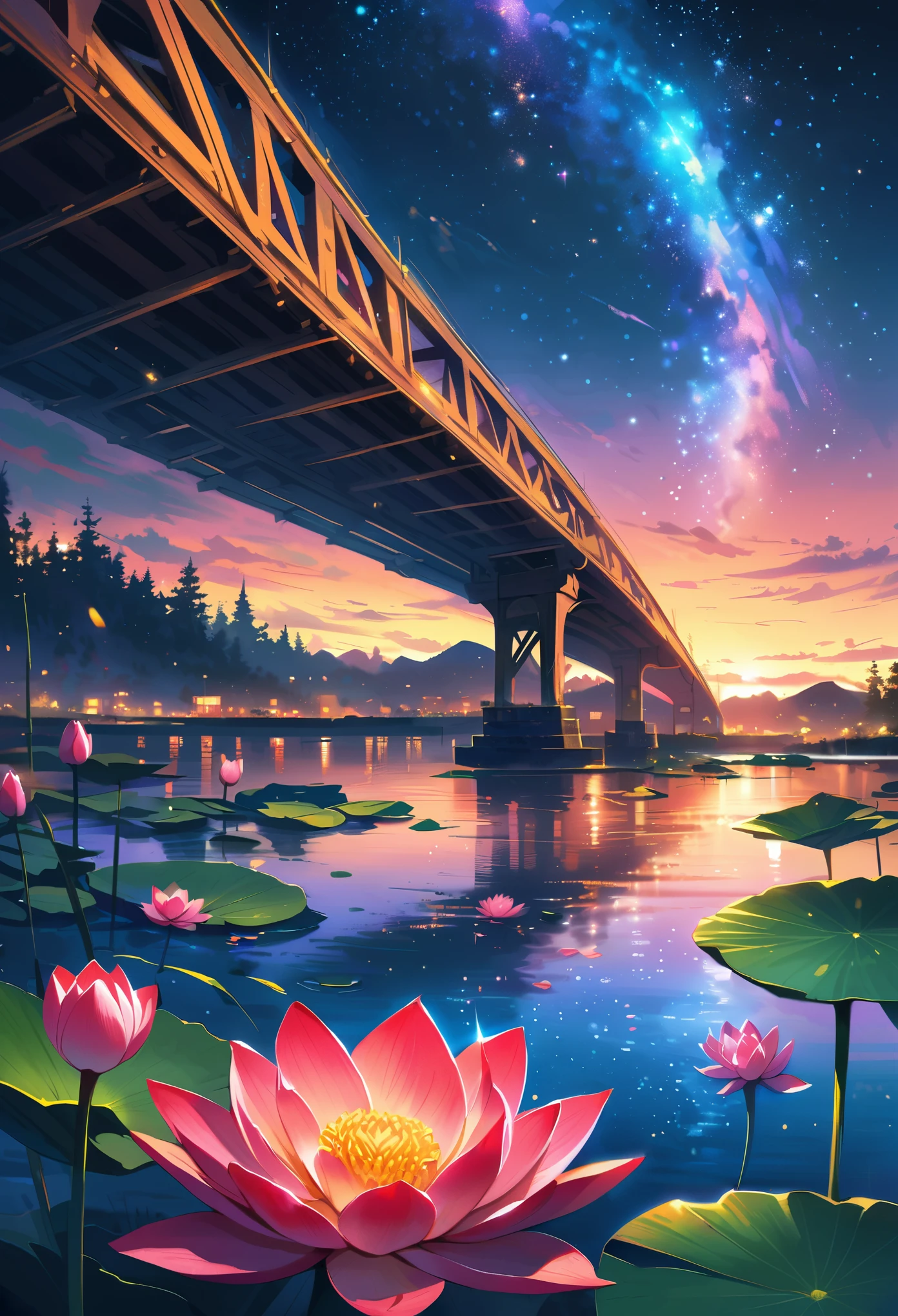 Colorful line drawing of peaceful starry sky and lake at night, lotus, bridge, Highly realistic and detailed, crayon, Colored pencils