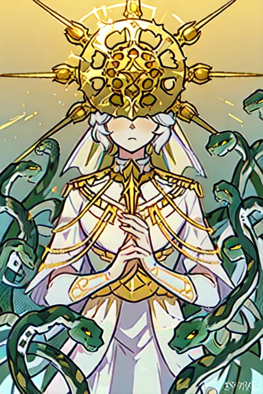 Gwyndolin, short white hair, androgynous, 1boy, male, femboy, flat-chested, white robe, white thighhighs, ((golden sun mask)), covered eyes, gold jewelry, white elbow gloves, long white dress, green snakes, white veil, ((snakes under white dress)), perfect anatomy, solo, upper body