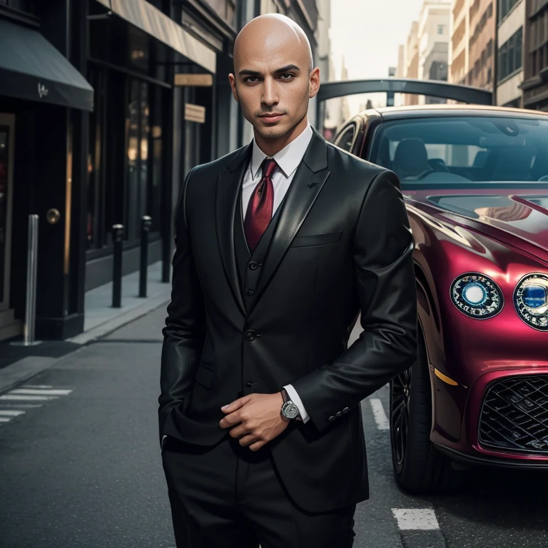 Araaf, 25 years old, bald, wearing a suit. Expensive leather, shiny, colorful, fashionable, wearing a red tie, standing next to a car with action.(Bentley State Limousine)A shiny reddish purple. At night, colorful glittering lights Action in various poses;) Outdoors in the city, the sunlight shone brightly, a clear face looking intently straight. , man in black, wearing a black suitและสีแดง, Wear a business suitที่เข้มงวด, wearing a black suit, Wear a business suit, wearing a black suit, Wear a business suit, Wear a business suitสีดำ, in strict clothing, Professional photos with good lighting, Handsome Chad Chin, A great and beautiful portrait. Shot with a high quality Fuji 45 camera.,000,000 realistic pixels Beautiful exaggerated colors