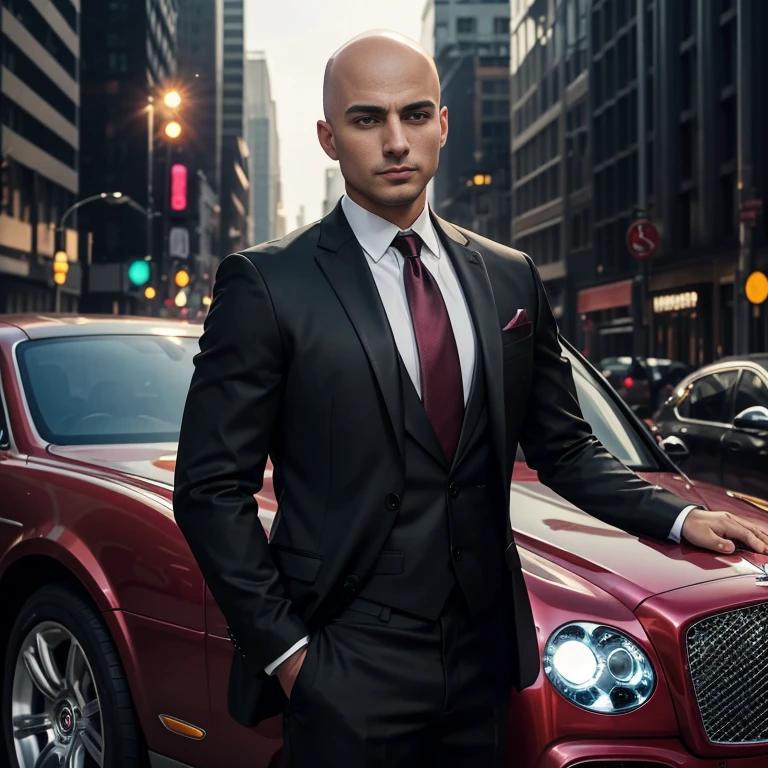 Araaf, 25 years old, bald, wearing a suit. Expensive leather, shiny, colorful, fashionable, wearing a red tie, standing next to a car with action.(Bentley State Limousine)A shiny reddish purple. At night, colorful glittering lights Action in various poses;) Outdoors in the city, the sunlight shone brightly, a clear face looking intently straight. , man in black, wearing a black suitและสีแดง, Wear a business suitที่เข้มงวด, wearing a black suit, Wear a business suit, wearing a black suit, Wear a business suit, Wear a business suitสีดำ, in strict clothing, Professional photos with good lighting, Handsome Chad Chin, A great and beautiful portrait. Shot with a high quality Fuji 45 camera.,000,000 realistic pixels Beautiful exaggerated colors