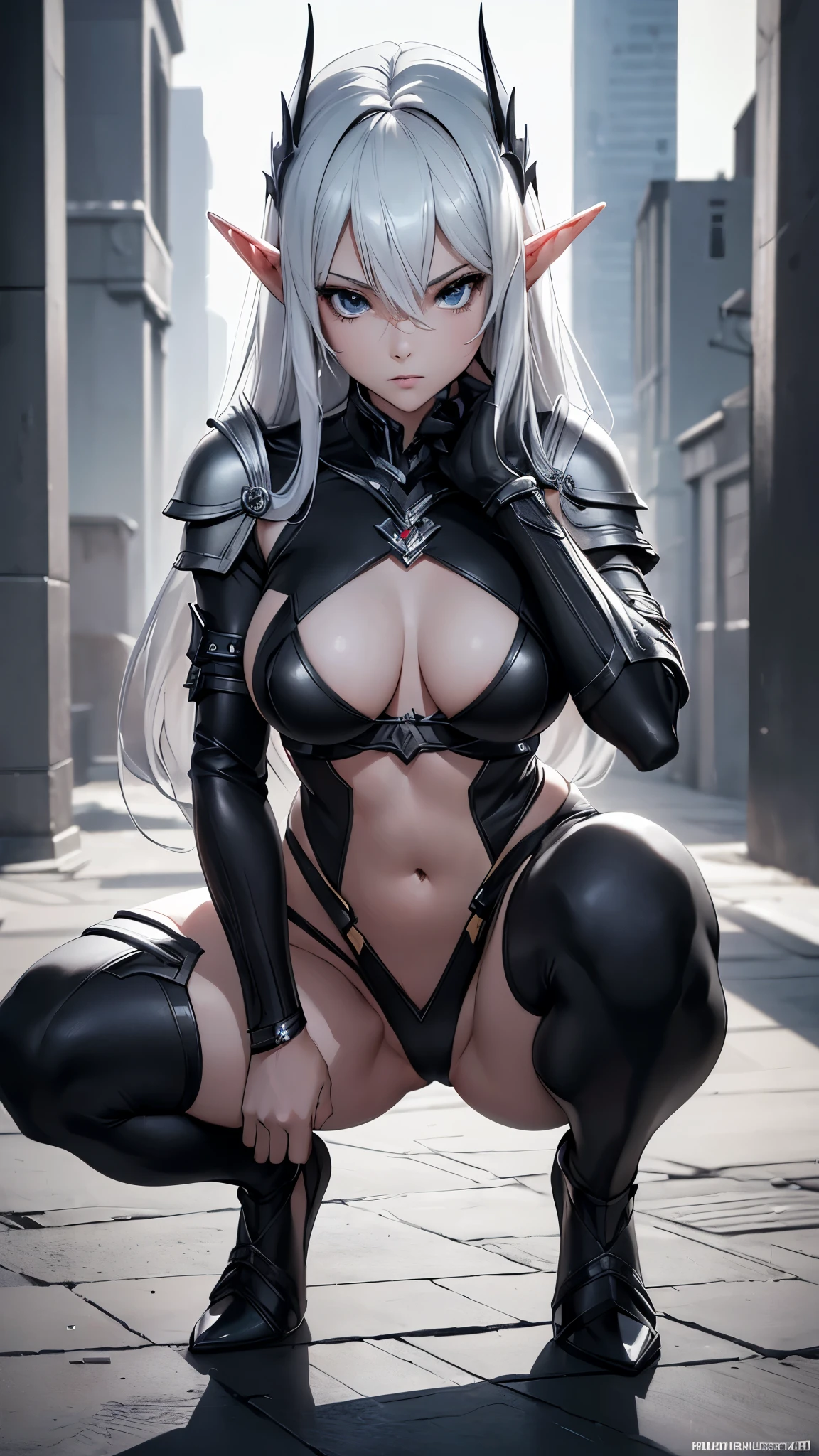(best quality, 4k, realistic:1.37), ultra-detailed, elf girl, incredibly sexy body, provocative face, long legs, slim figure, sharp eyes, armor bikini (black and white tones), squatting position, spread legs